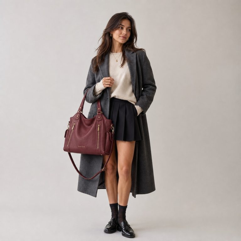 Sac à main en cuir véritable bordeaux — Hortense porté