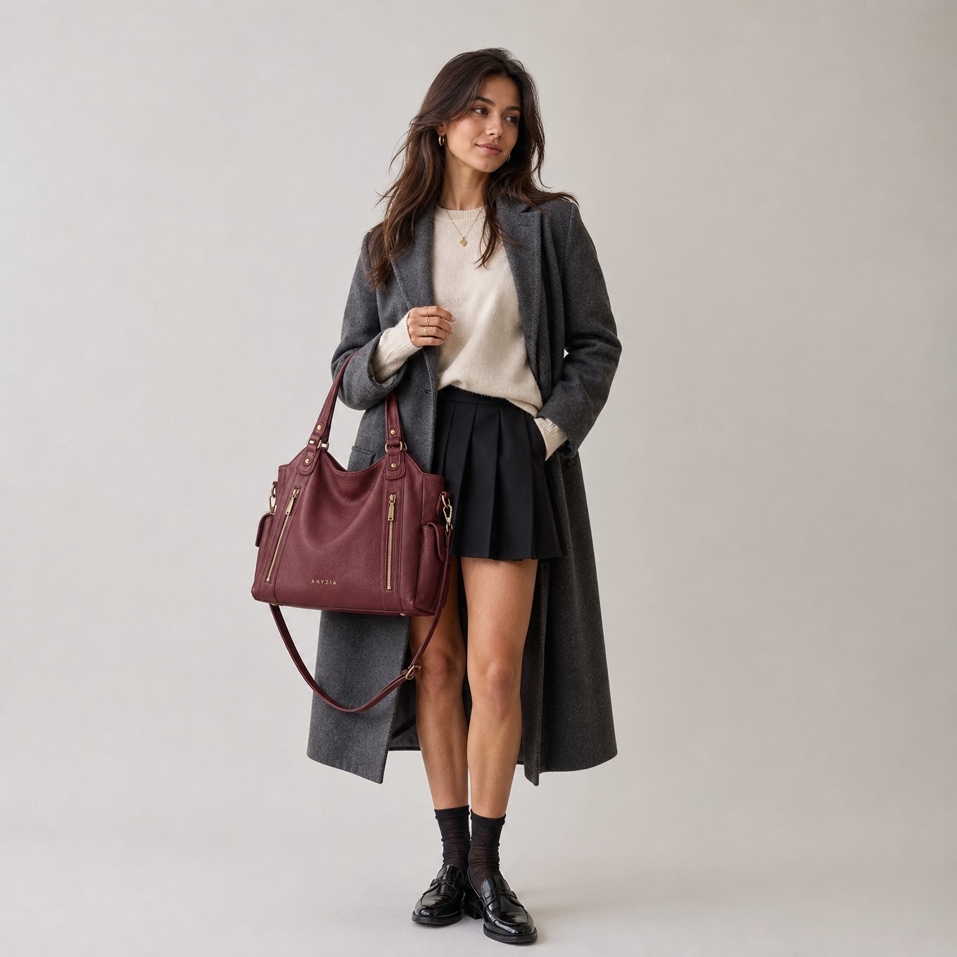 Sac à main en cuir véritable bordeaux — Hortense