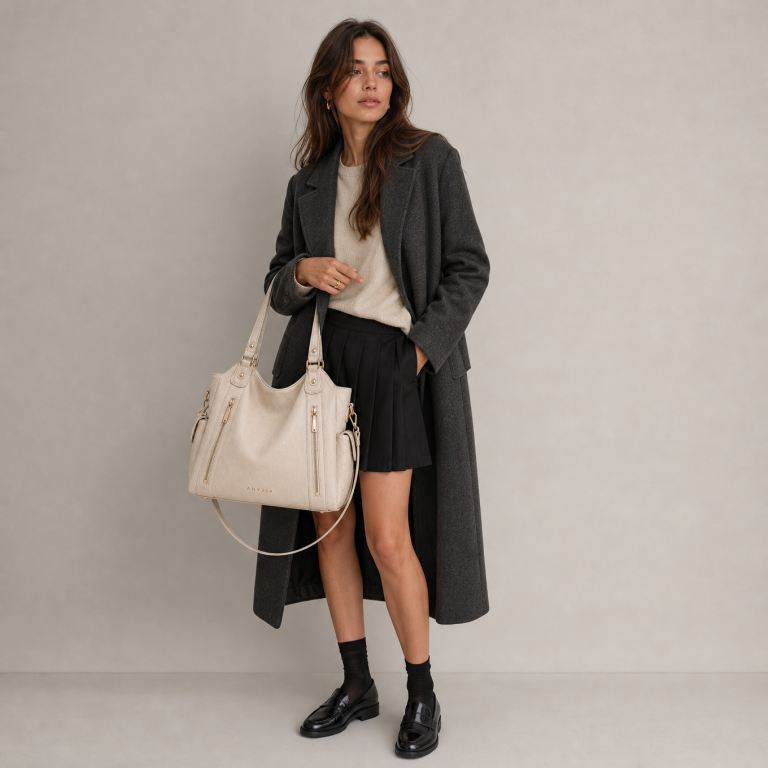 Sac à main en cuir véritable ivoire — Marguerite porté